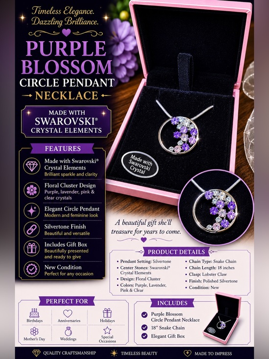 Jewelry - Purple Blossom Circle Pendant Necklace - Made with Swarovski Crystals